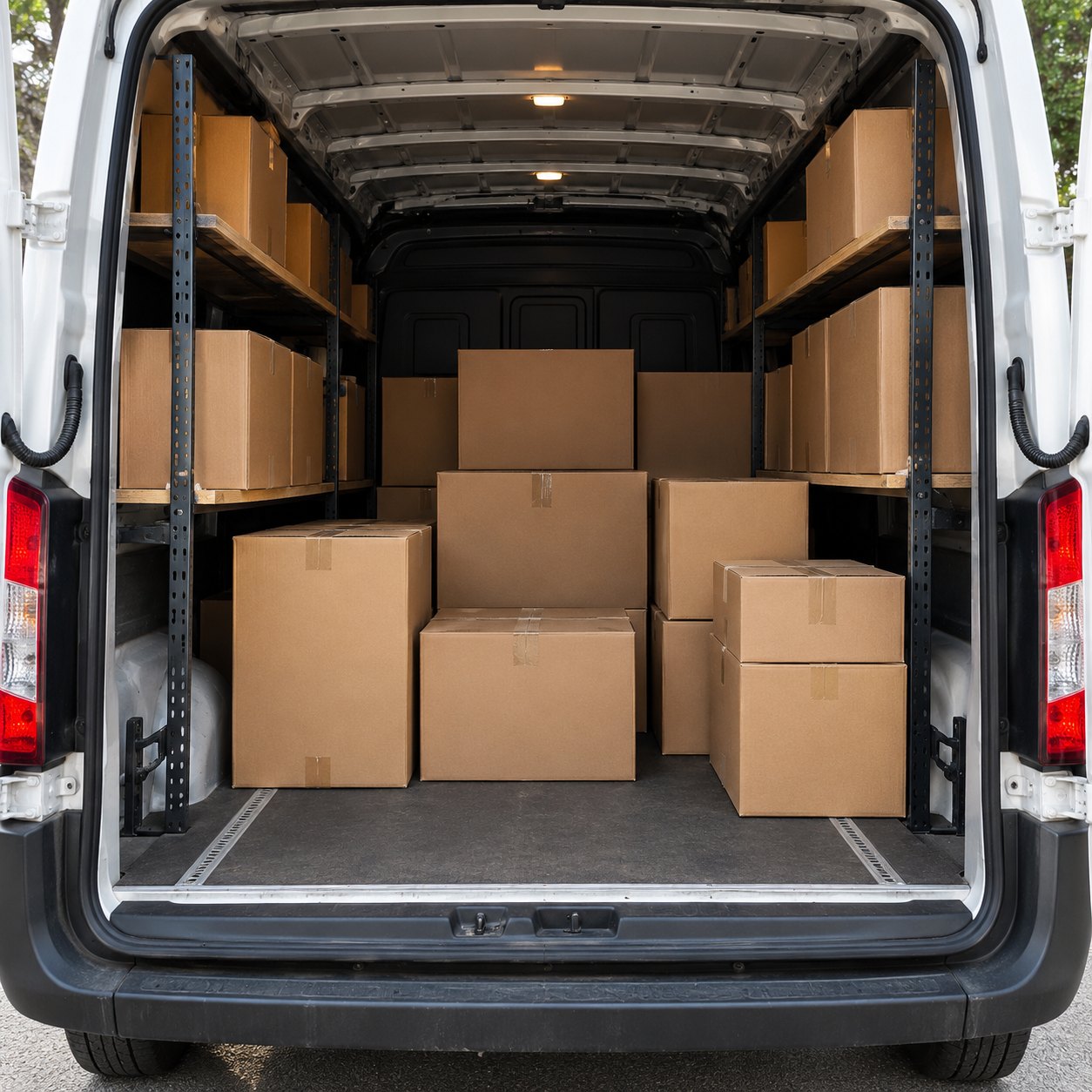 Camioneta con cajas de mercadería acomodadas en el interior.