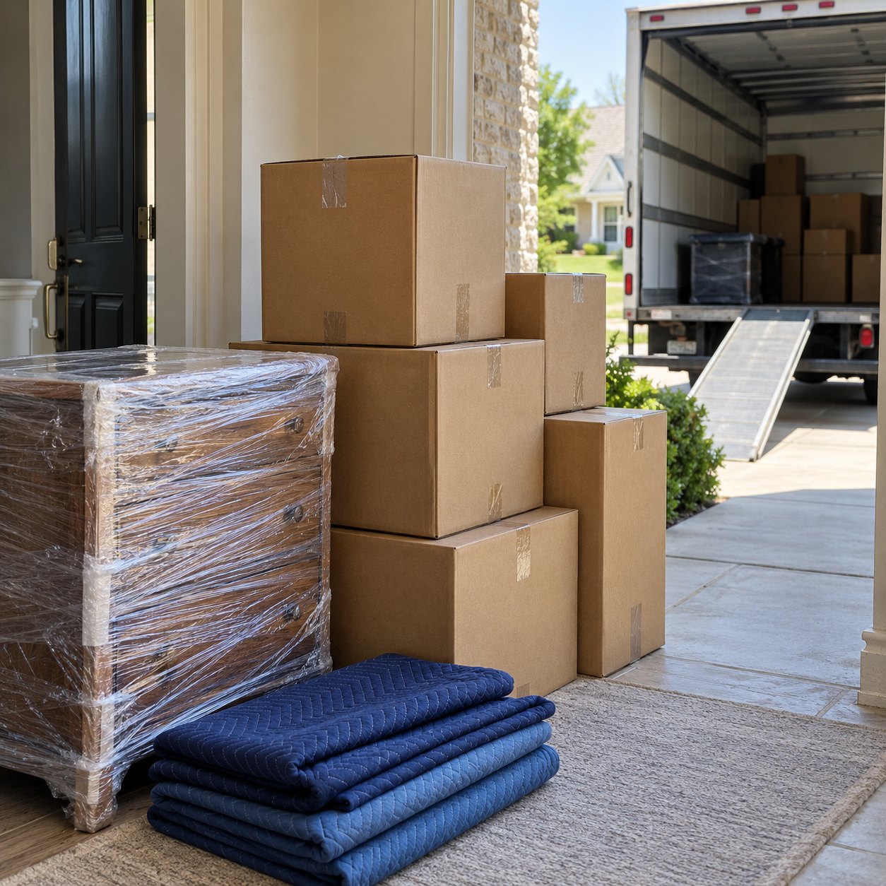 Cajas y muebles preparados para una mudanza.